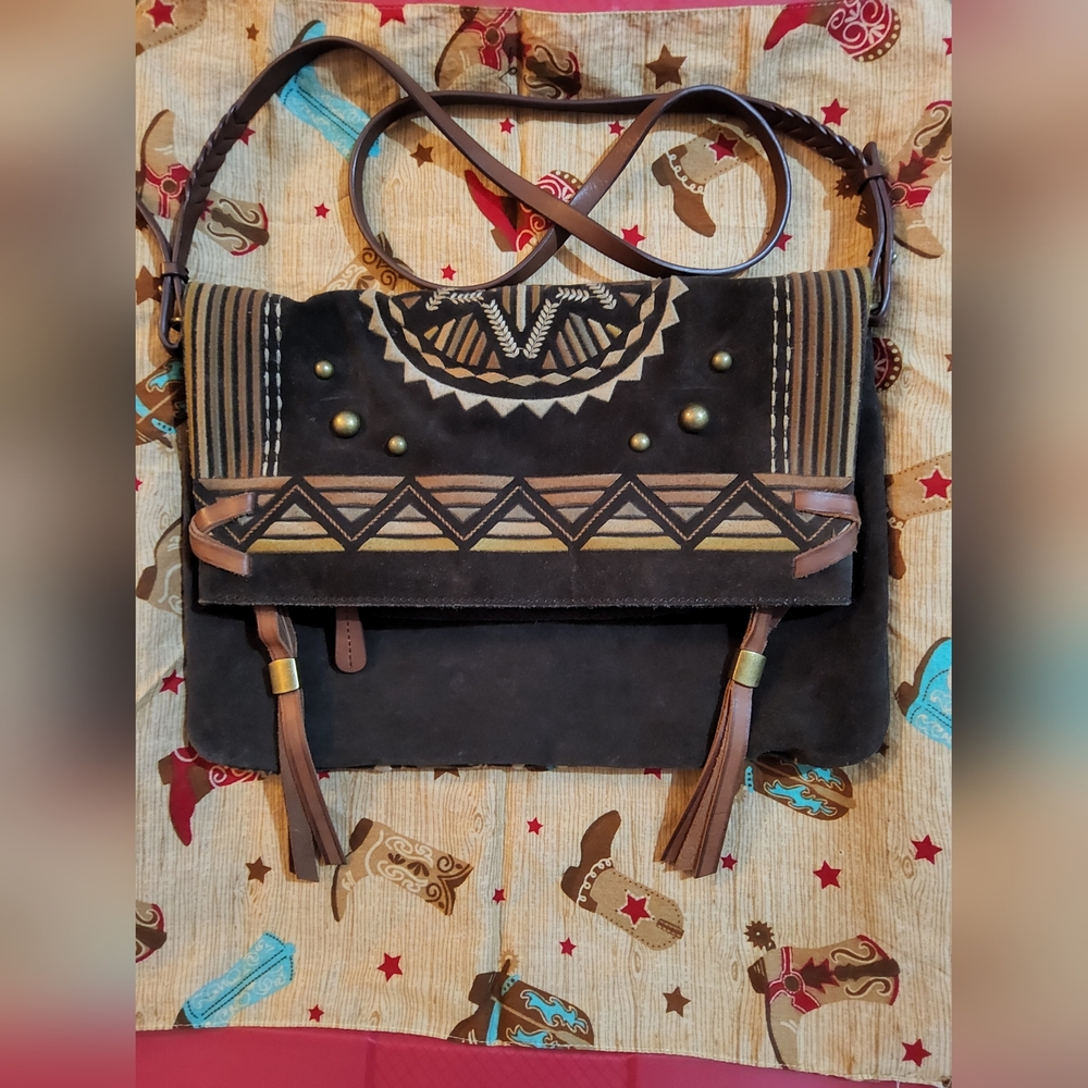 Women's UGG Black and Tan Suede Satchel with Tribal Design And Brass Accents